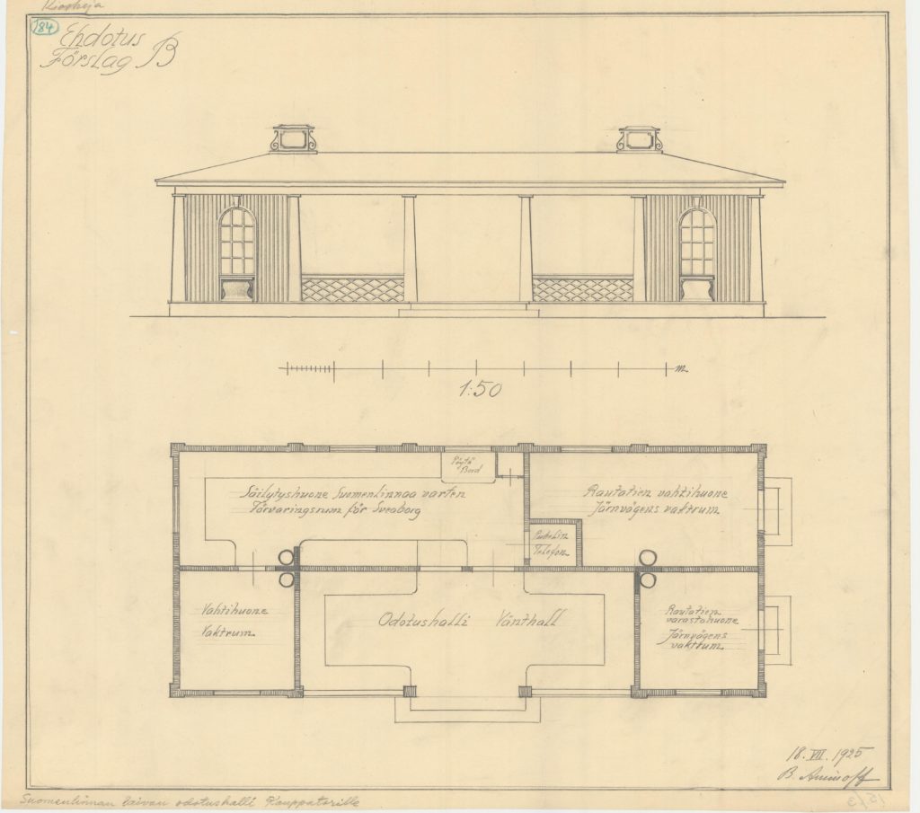 Bottenplan och fasadritning till liten byggnad. 