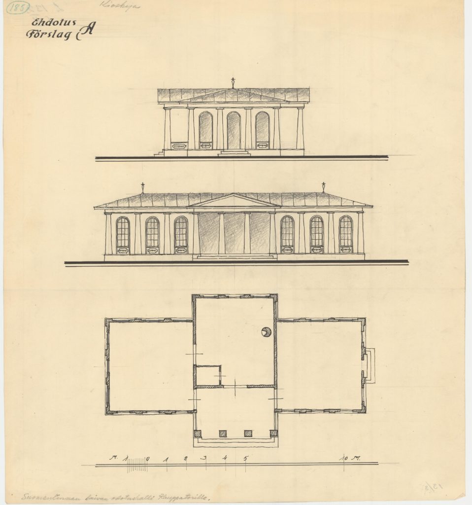 Arkitekturritning över liten byggnad i klassisistisk stil: fasad och bottenplan. 