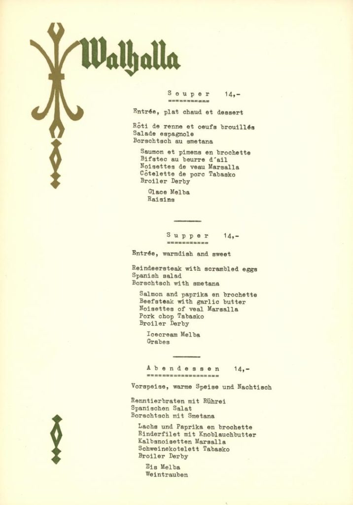 en matsedel på franska, engelska och tyska